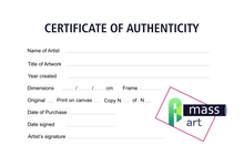Load image into Gallery viewer, A sample of the COA that assures the artistic value of a Signed Canvas Print and contains precise information for the product.