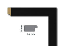 Load image into Gallery viewer, The corner of a Black Wooden Frame and its measures - 14/33mm.
