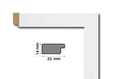 Load image into Gallery viewer, The corner of a White Wooden Frame and its measures - 14/33mm.

