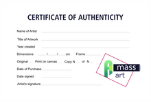 Load image into Gallery viewer, A sample of the COA that assures the artistic value of a Signed Canvas Print and contains precise information for the product.
